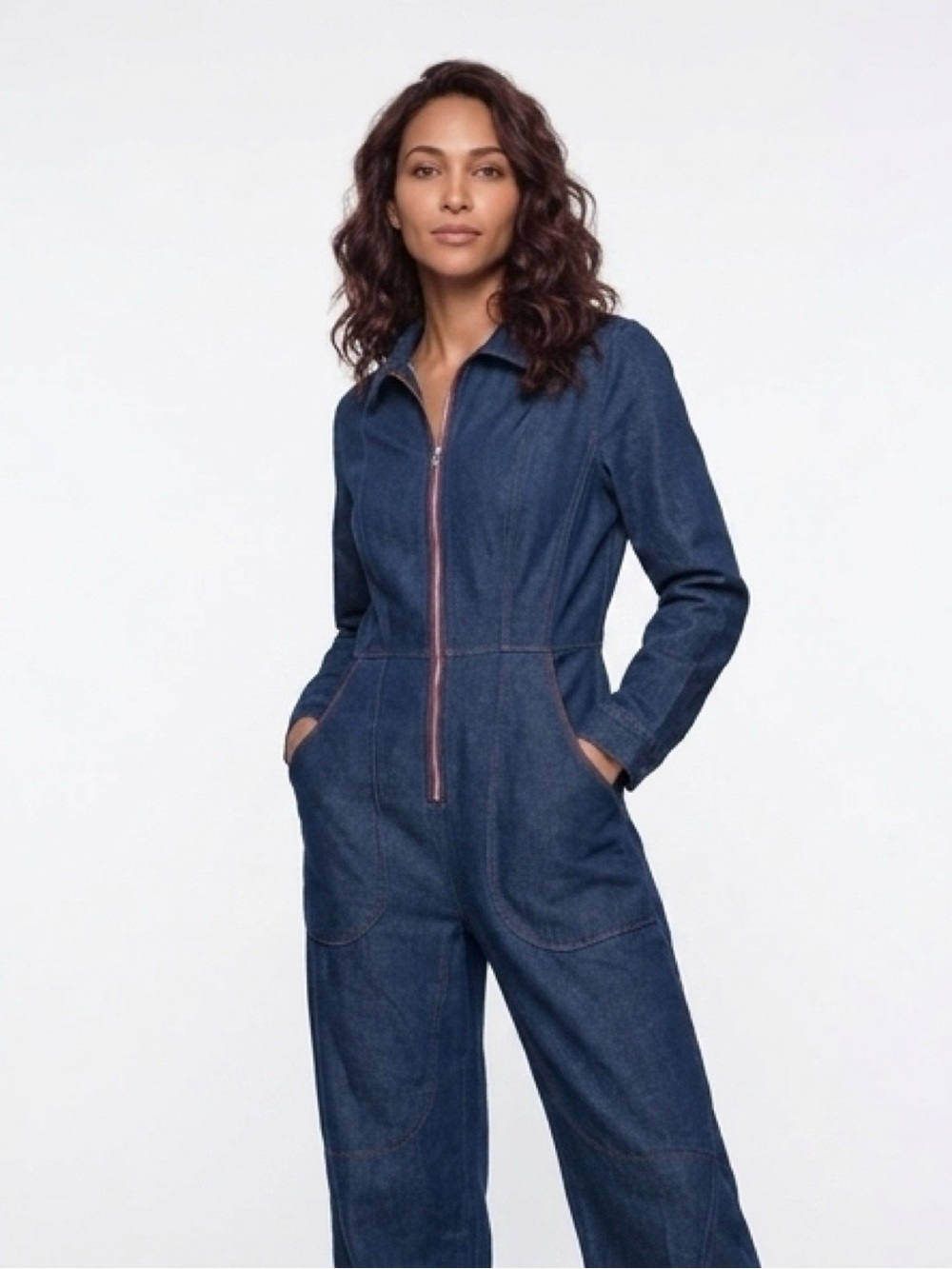 Vintage Denim Jumpsuit with Red Accents
